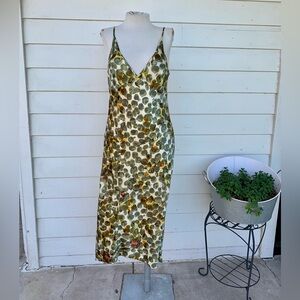 Anthropologie Burning Torch 100% Silk Floral Leaf Slip Dress Midi Bias Med Sun